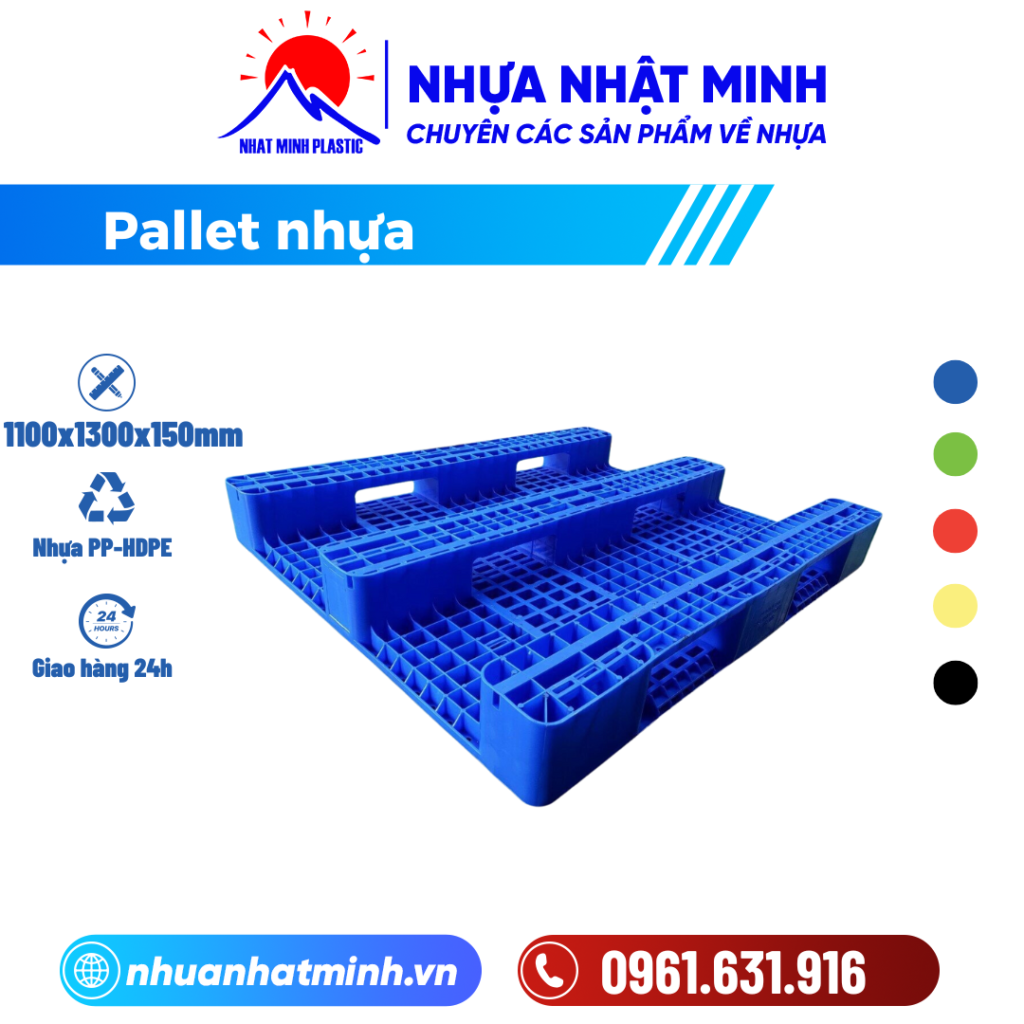 Pallet nhựa cũ 1100x1300x150mm màu xanh 3 chân ảnh chi tiết