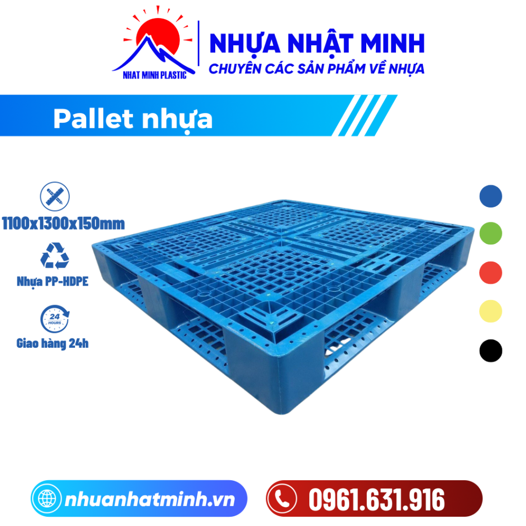 Pallet nhựa cũ 1100x1300x150mm màu xanh 3 chân ảnh chi tiết