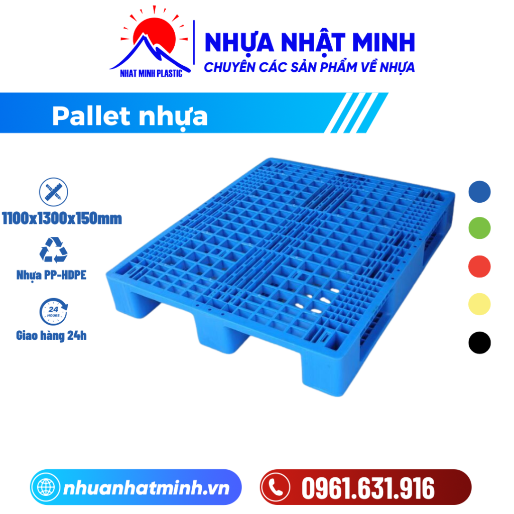 Pallet nhựa cũ 1100x1300x150mm màu xanh 3 chân ảnh chi tiết