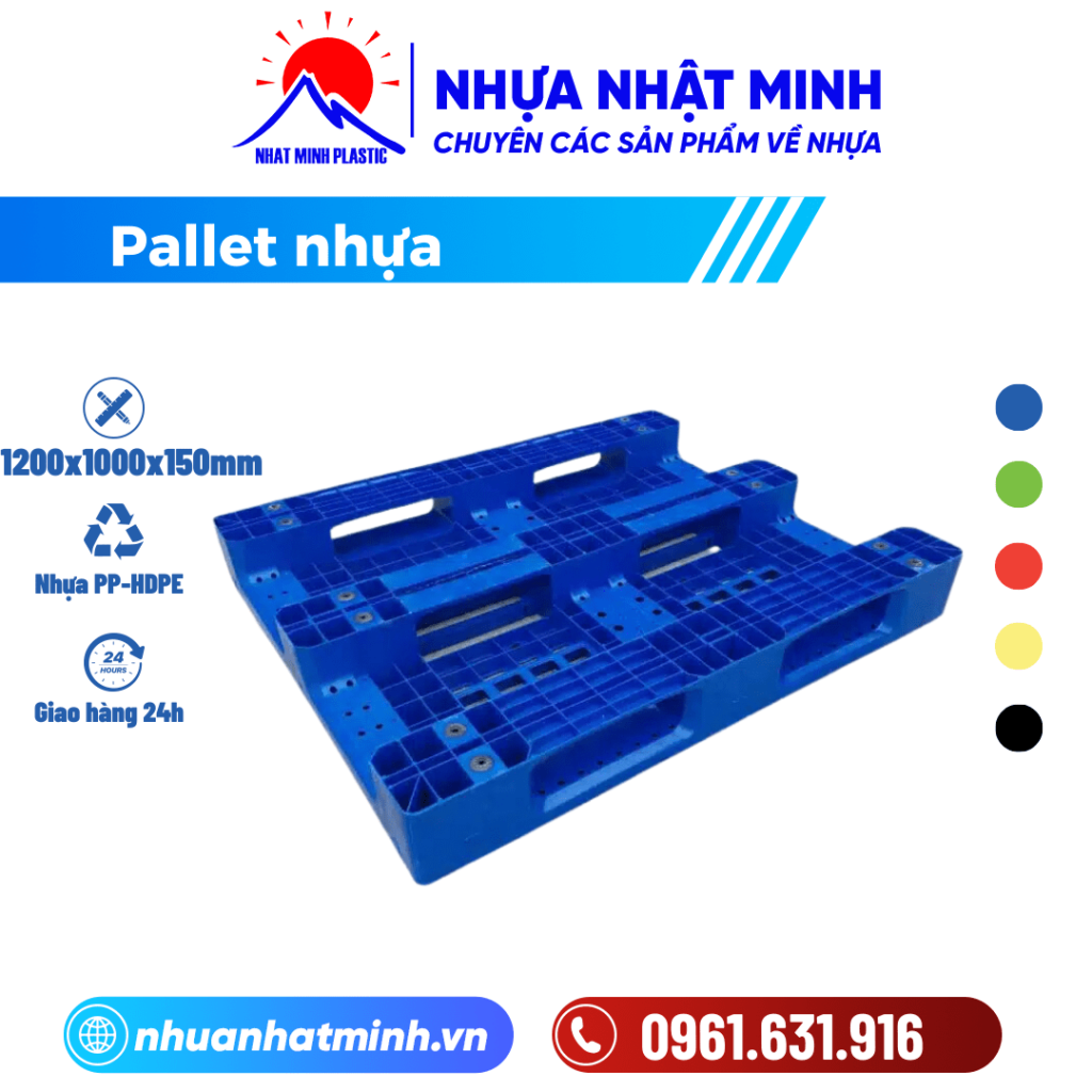 Pallet nhựa cũ 1200x1000x150mm màu xanh 3 chân ảnh chi tiết